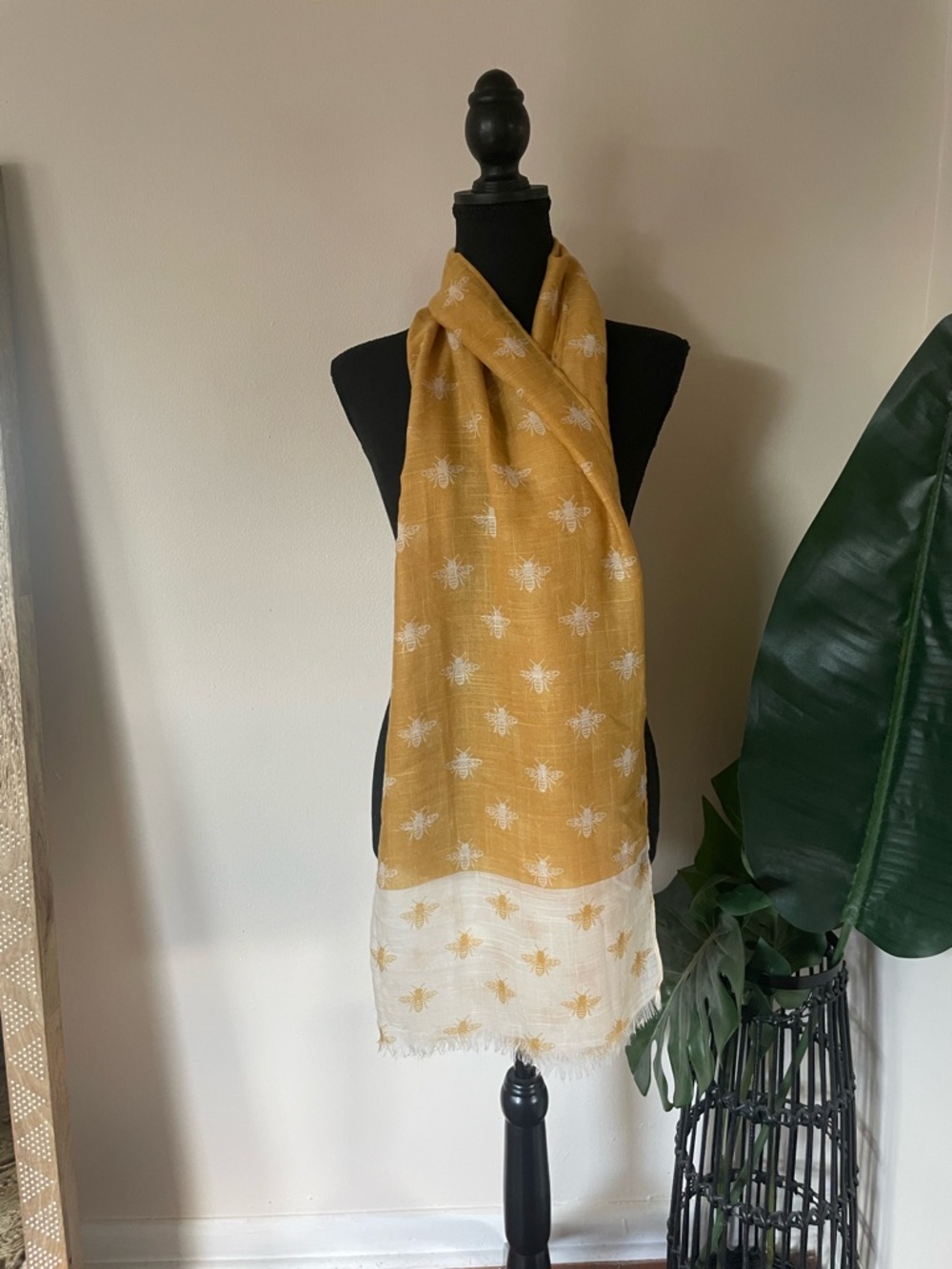 Lightweight Mustard Yellow Bee Print Scarf - Women Accessories - Picture 2 of 7